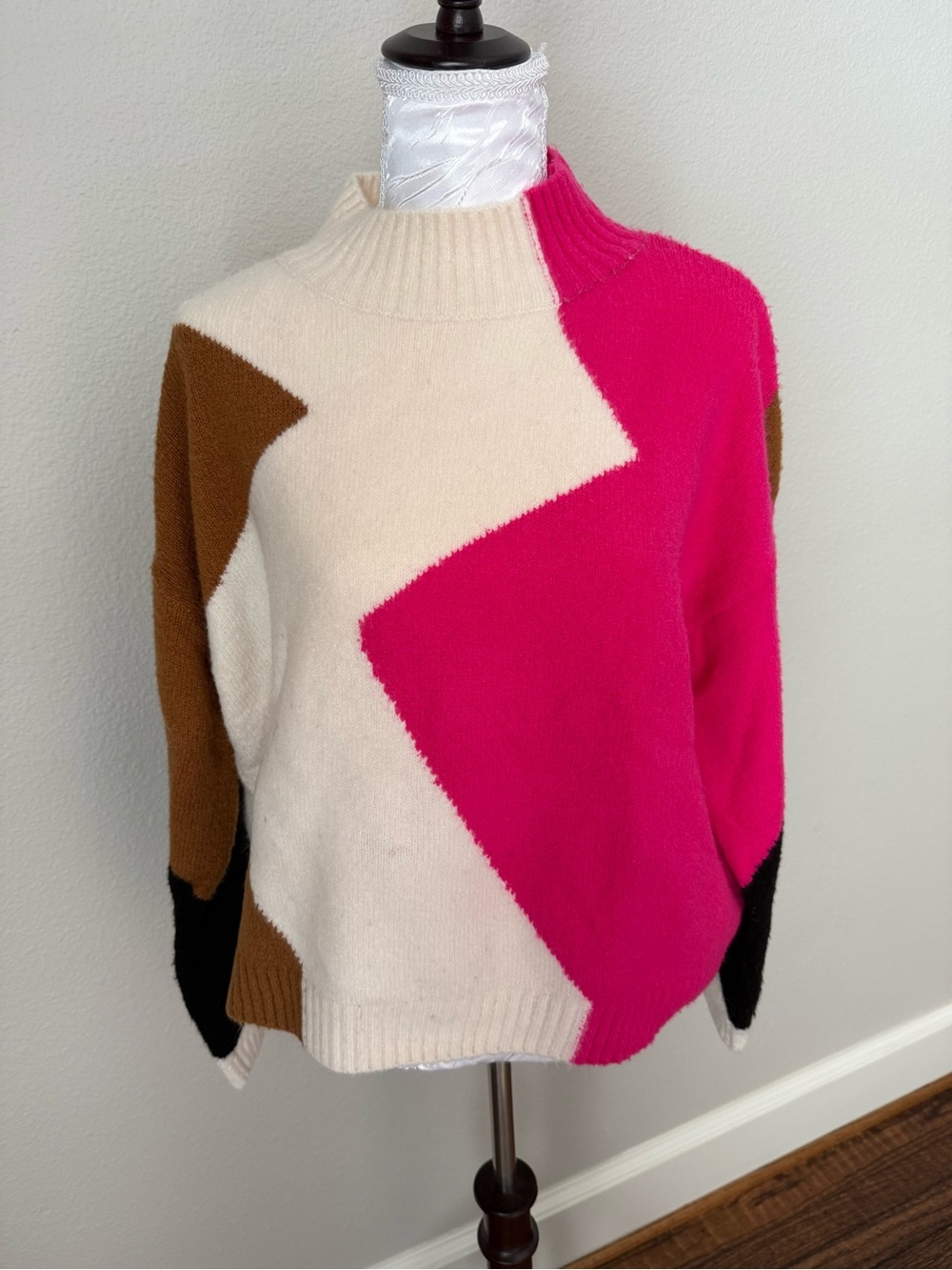 Lush Colorblock Cowlneck Sweater - Hot Pink, Cream, Brown, Black